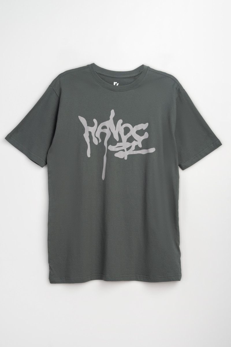 Khaki t-shirt z autorską grafika z przodu