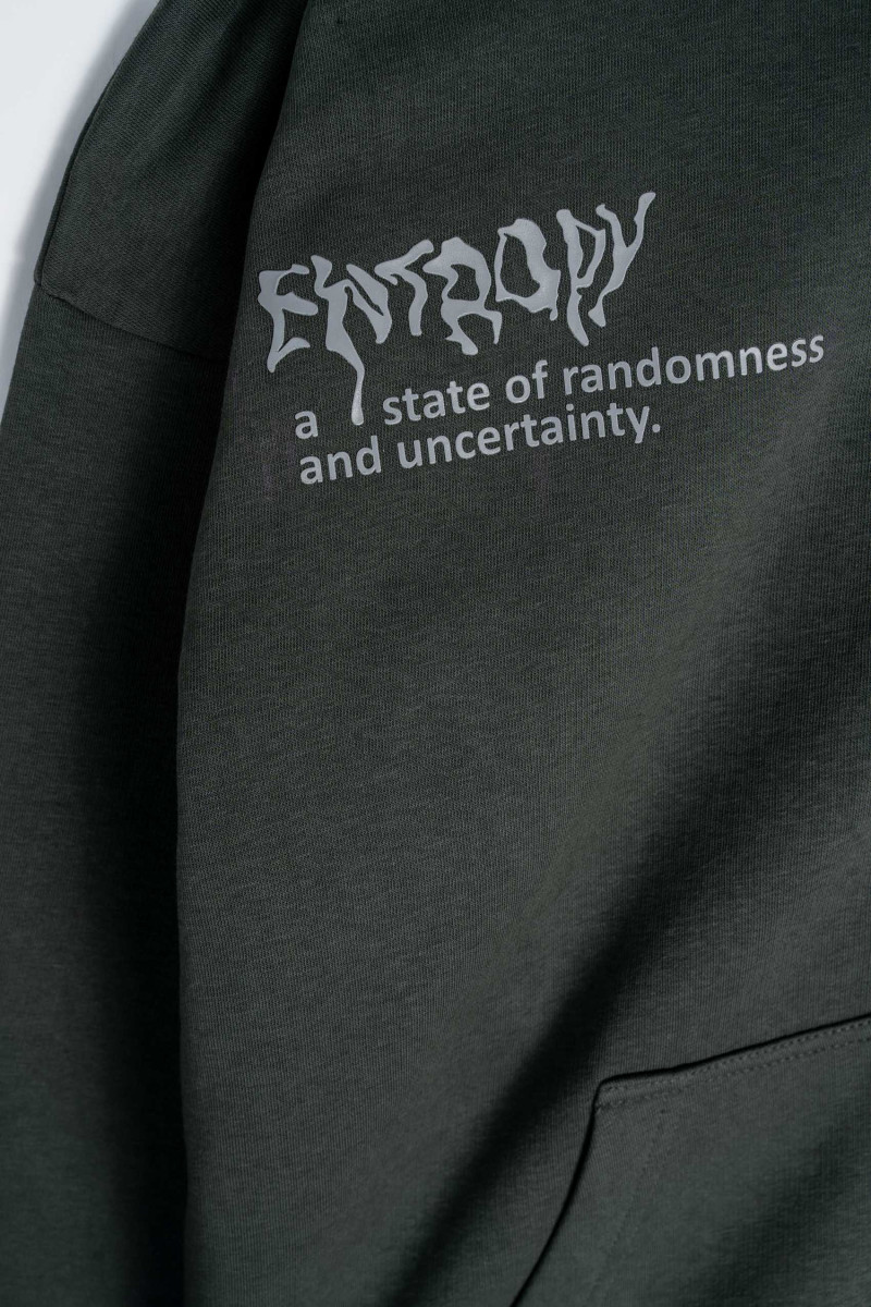 Ciemnozielona bluza z kapturem z autorską grafiką z tyłu zapinana na zamek