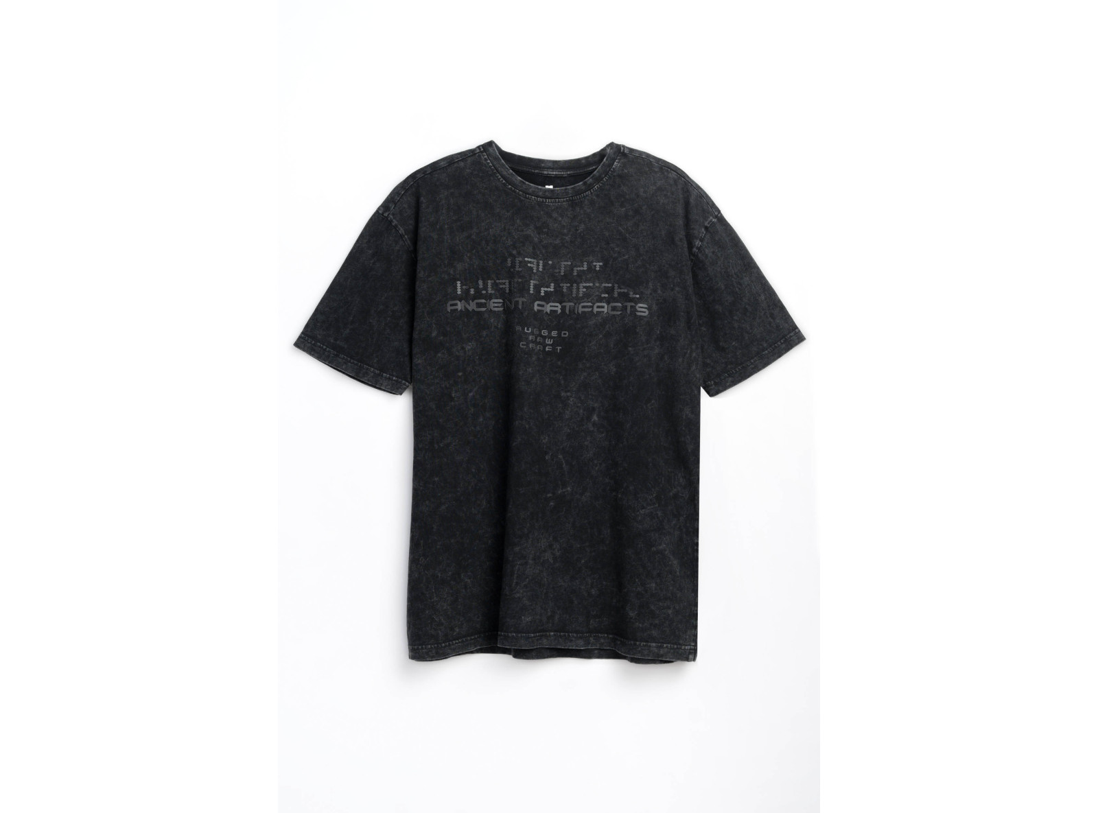 Czarny t-shirt z efektem Acid Wash z nadrukiem z przodu Czarny t-shirt z efektem Acid Wash z nadrukiem z przodu