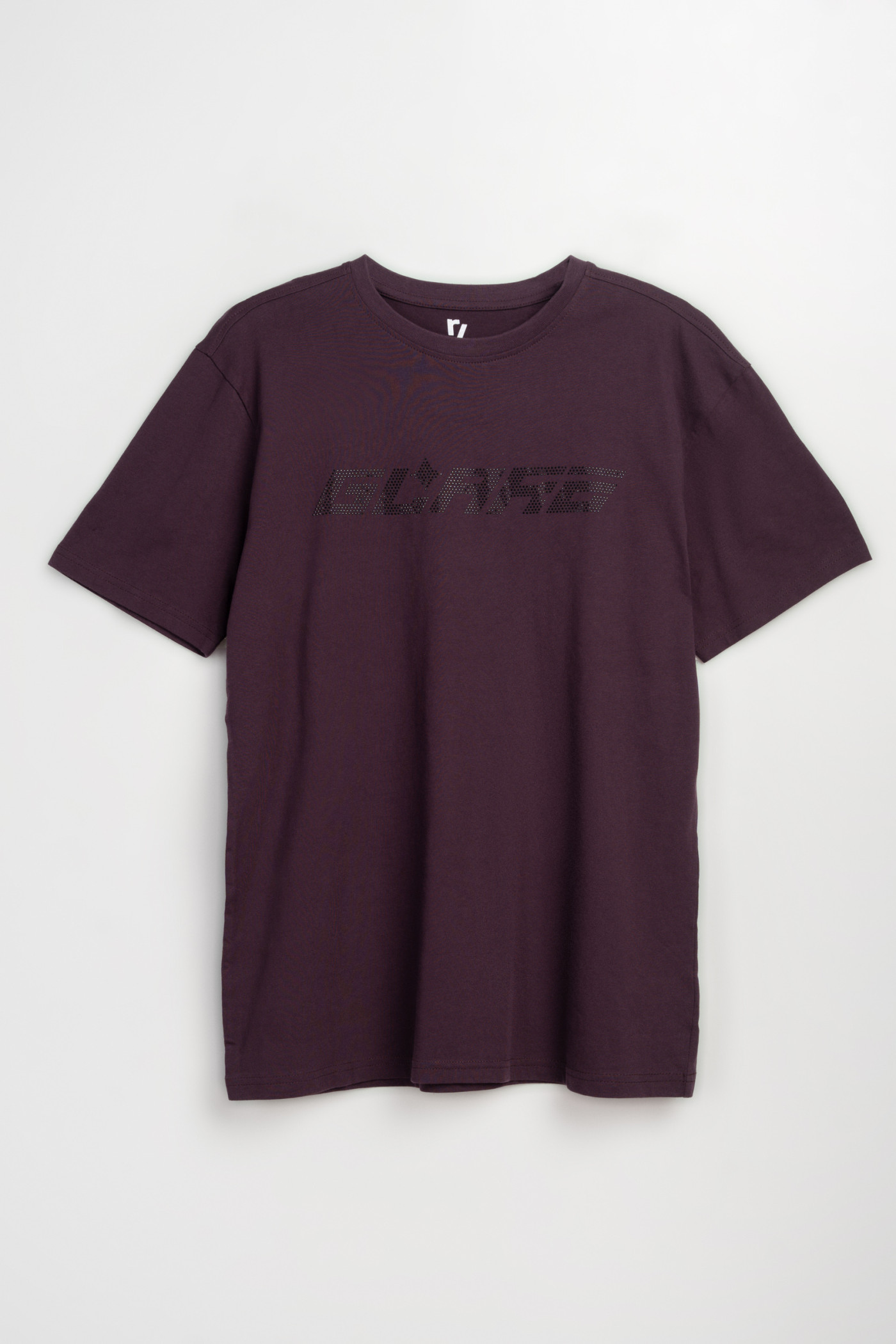 Ciemnofioletowy t-shirt z napisem z błyszczących dżetów