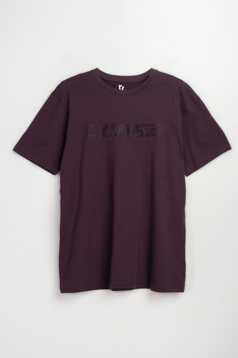 Ciemnofioletowy t-shirt z napisem z błyszczących dżetów
