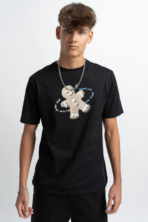 Czarny t-shirt z autorską grafiką z przodu