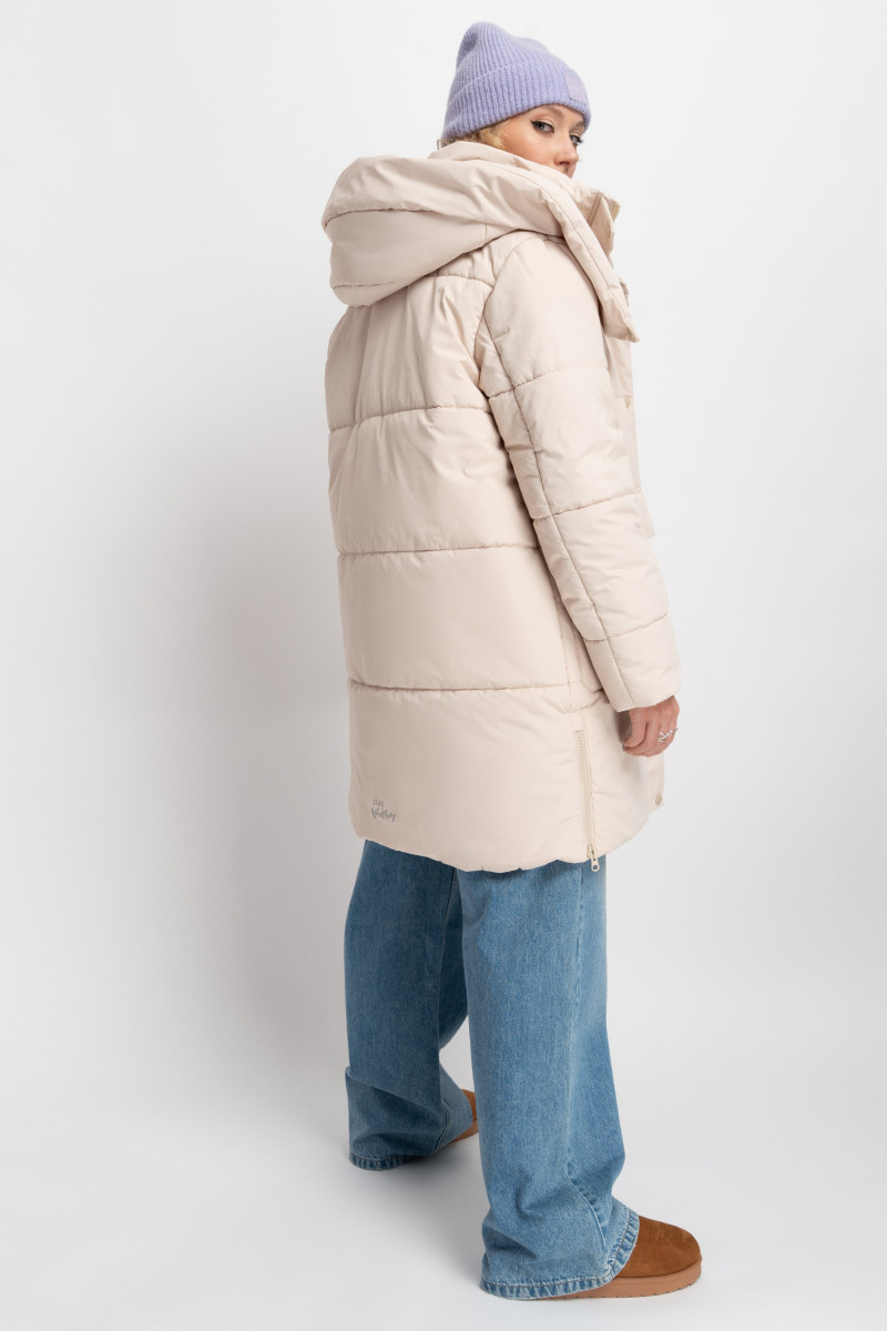 Beżowa długa pikowana kurtka z kapturem ocieplana, beżowy