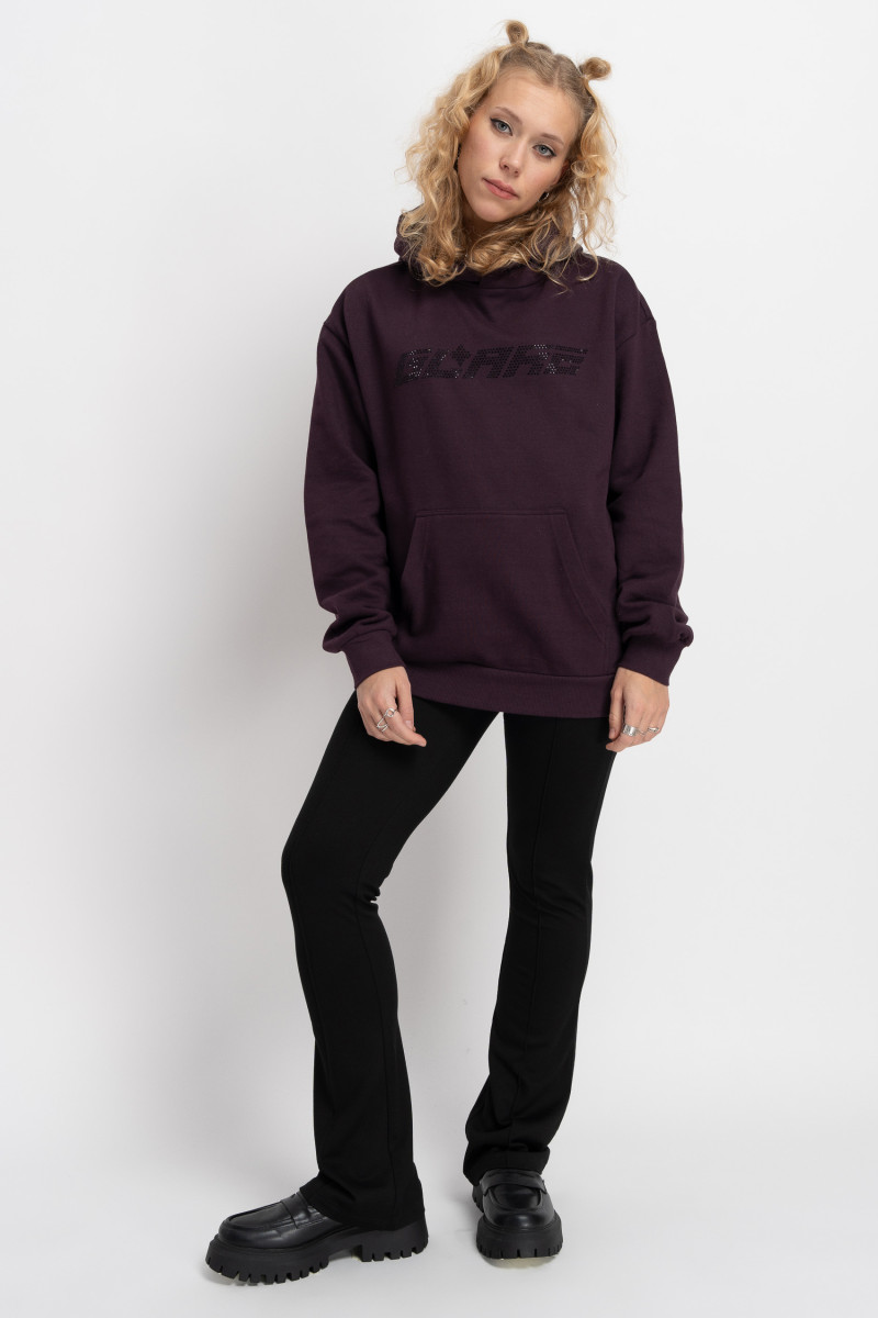 Ciemnofioletowa bluza REGULAR z kapturem z napisem z błyszczących dżetów, fioletowy