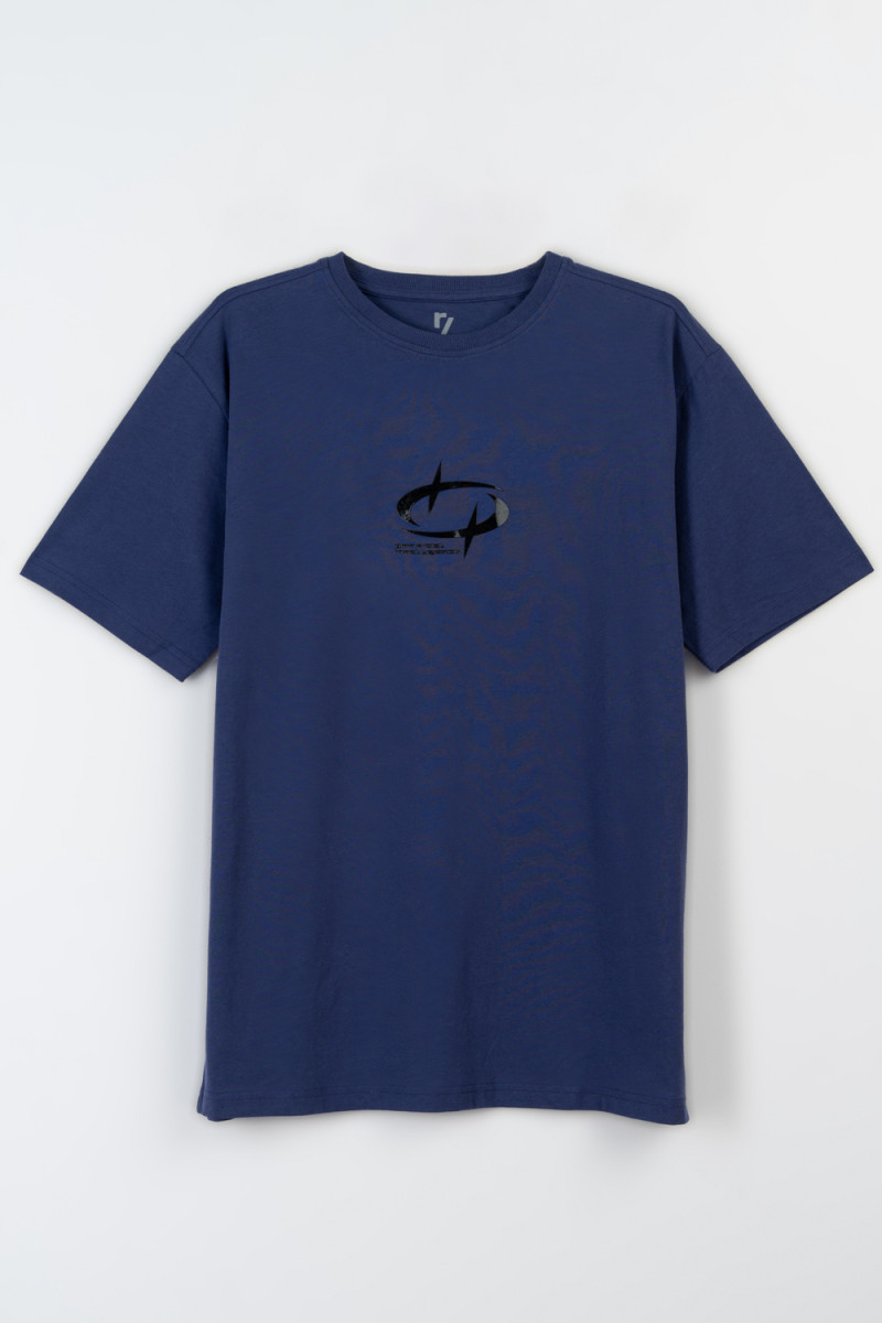 Granatowy t-shirt z minimalistyczną grafiką z przodu Granatowy t-shirt z minimalistyczną grafiką z przodu