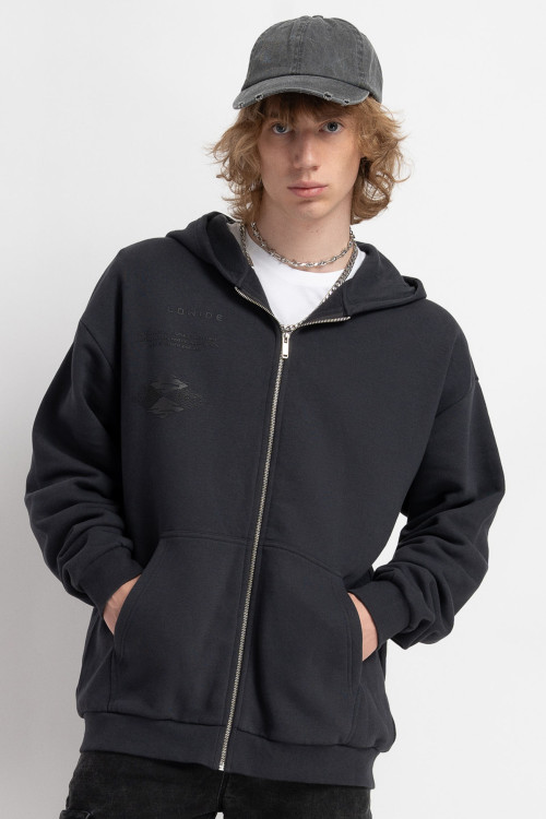 Ciemnoszara bluza REGULAR z kapturem z minimalistyczną grafiką z przodu