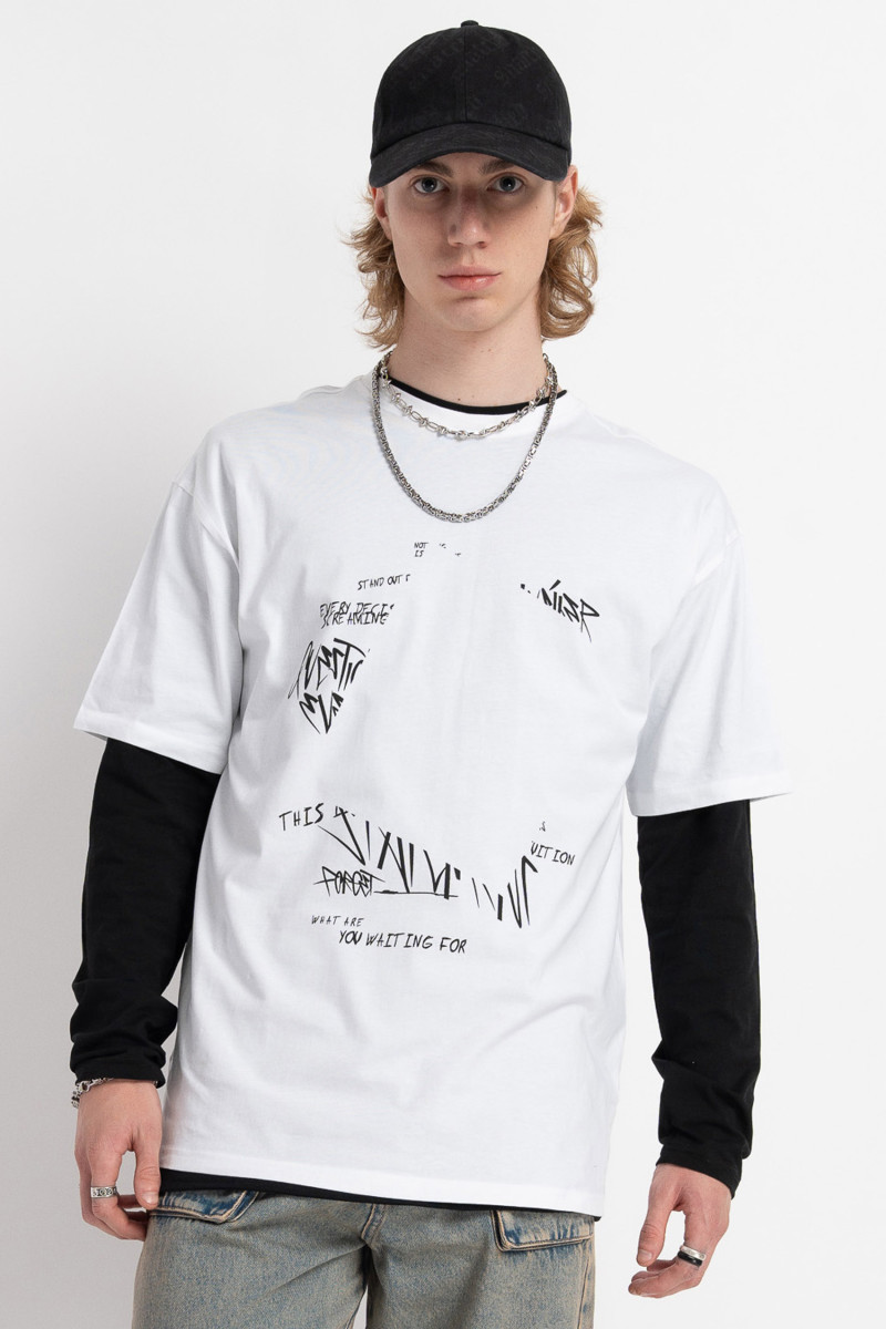 Biały t-shirt z autorską grafiką z przodu i z tyłu