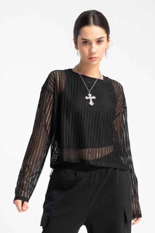 Czarna bluzka z siateczki z crop topem