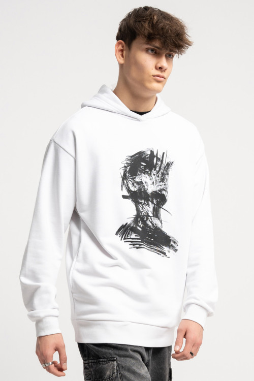 Biała bluza z kapturem z autorską grafiką z przodu