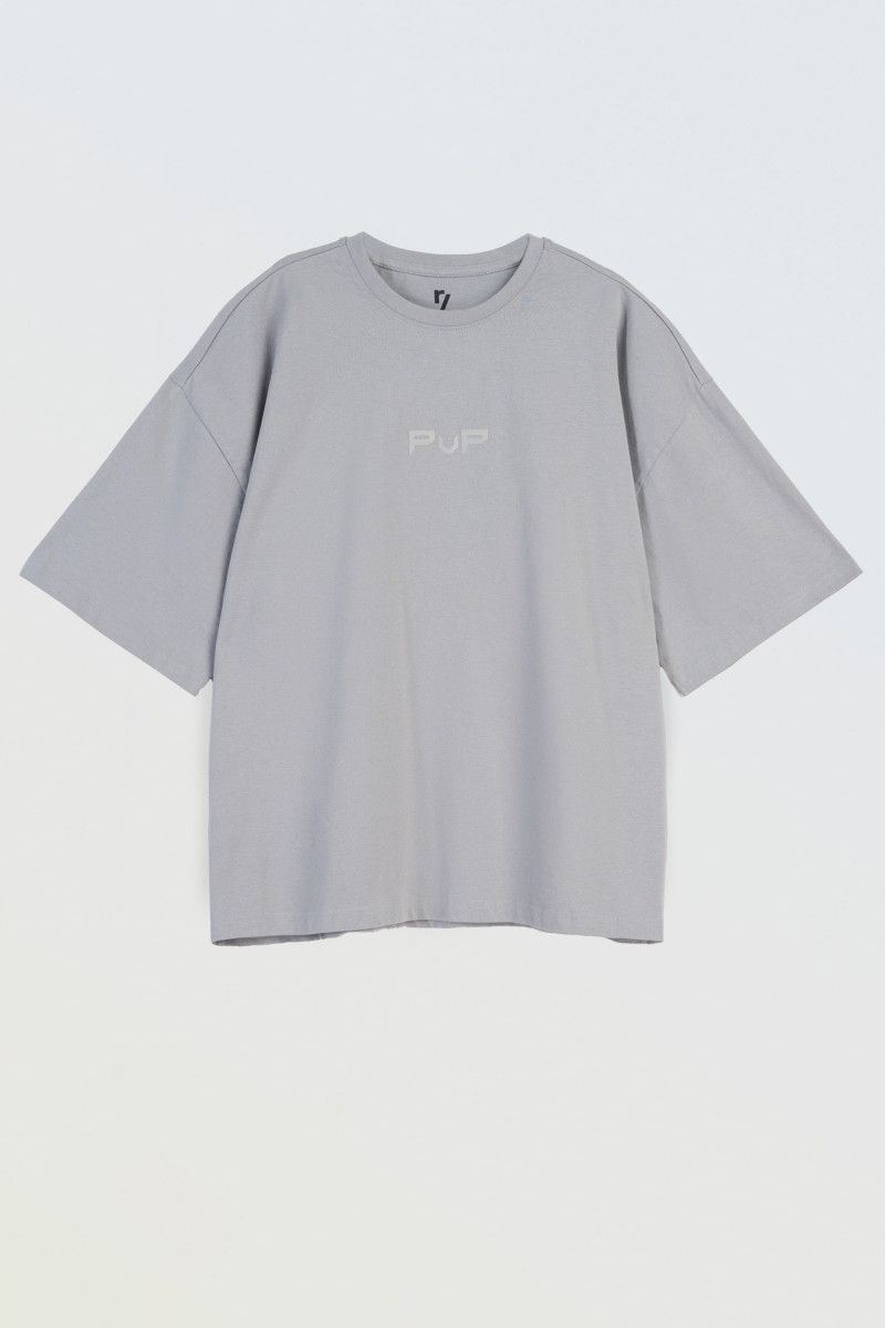 Szary t-shirt BOXY z minimalistycznym nadrukiem z przodu