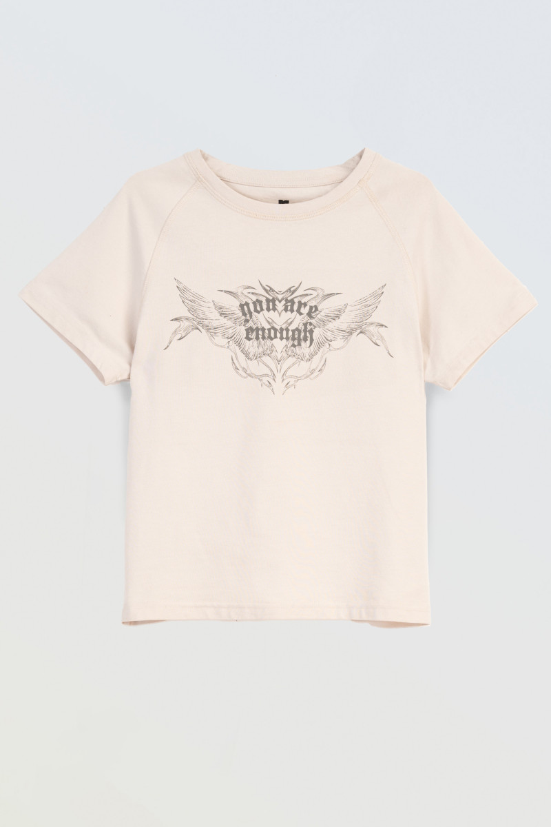 Beżowa bluzka SLIM z autorską grafiką z przodu