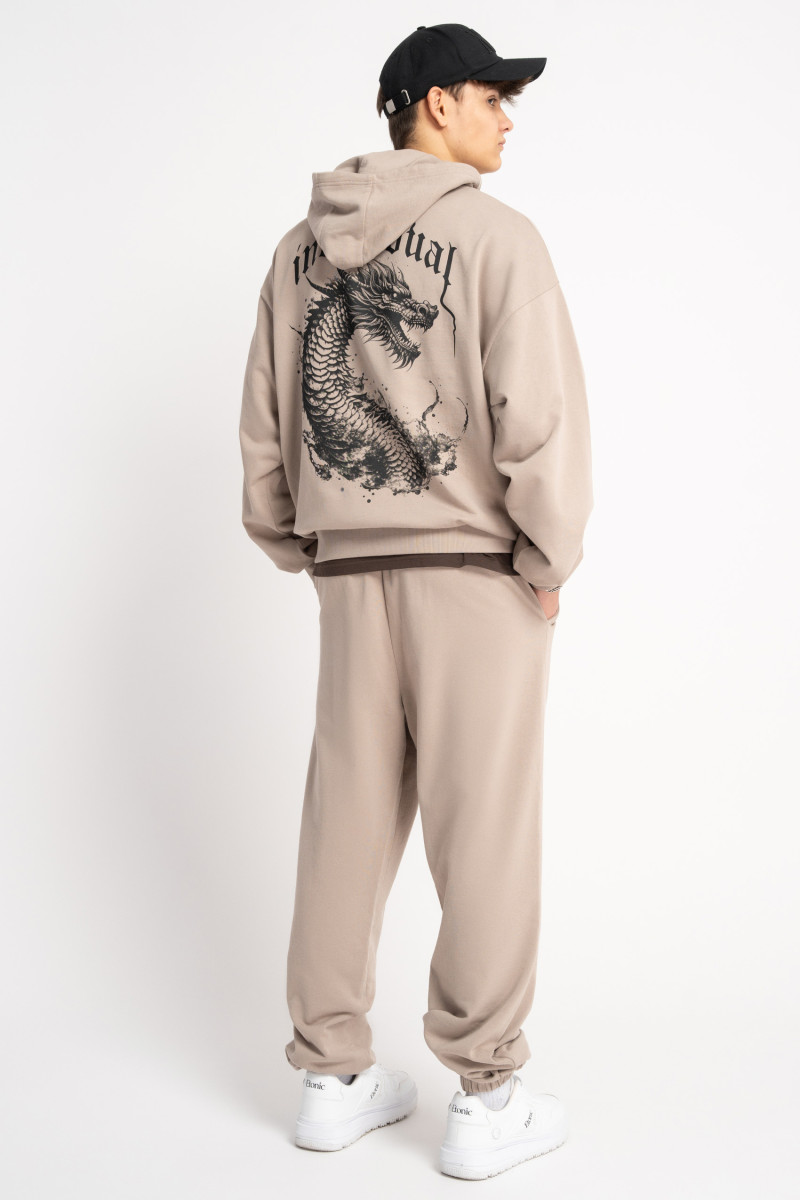 Beżowa bluza z kapturem z autorską grafiką z tyłu