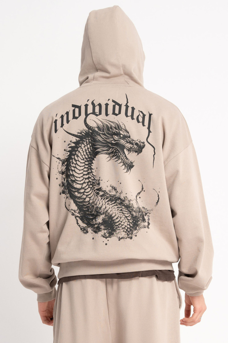 Beżowa bluza z kapturem z autorską grafiką z tyłu