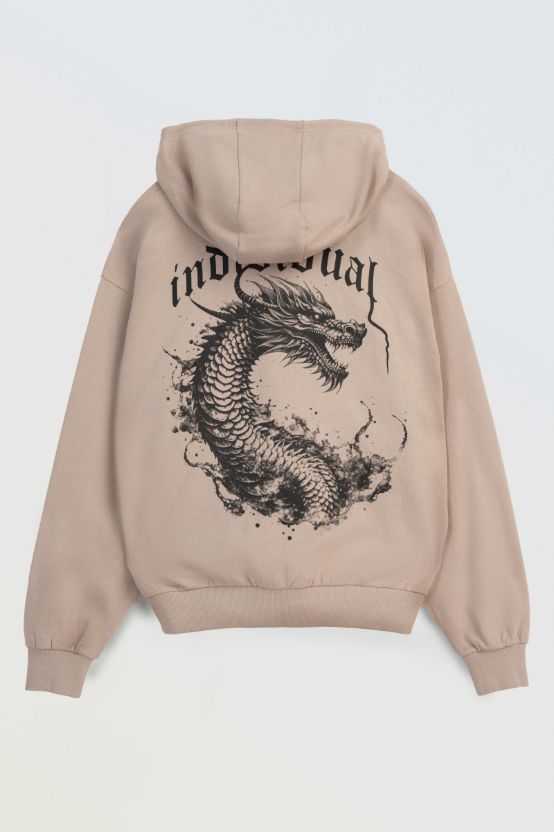 Beżowa bluza z kapturem z autorską grafiką z tyłu