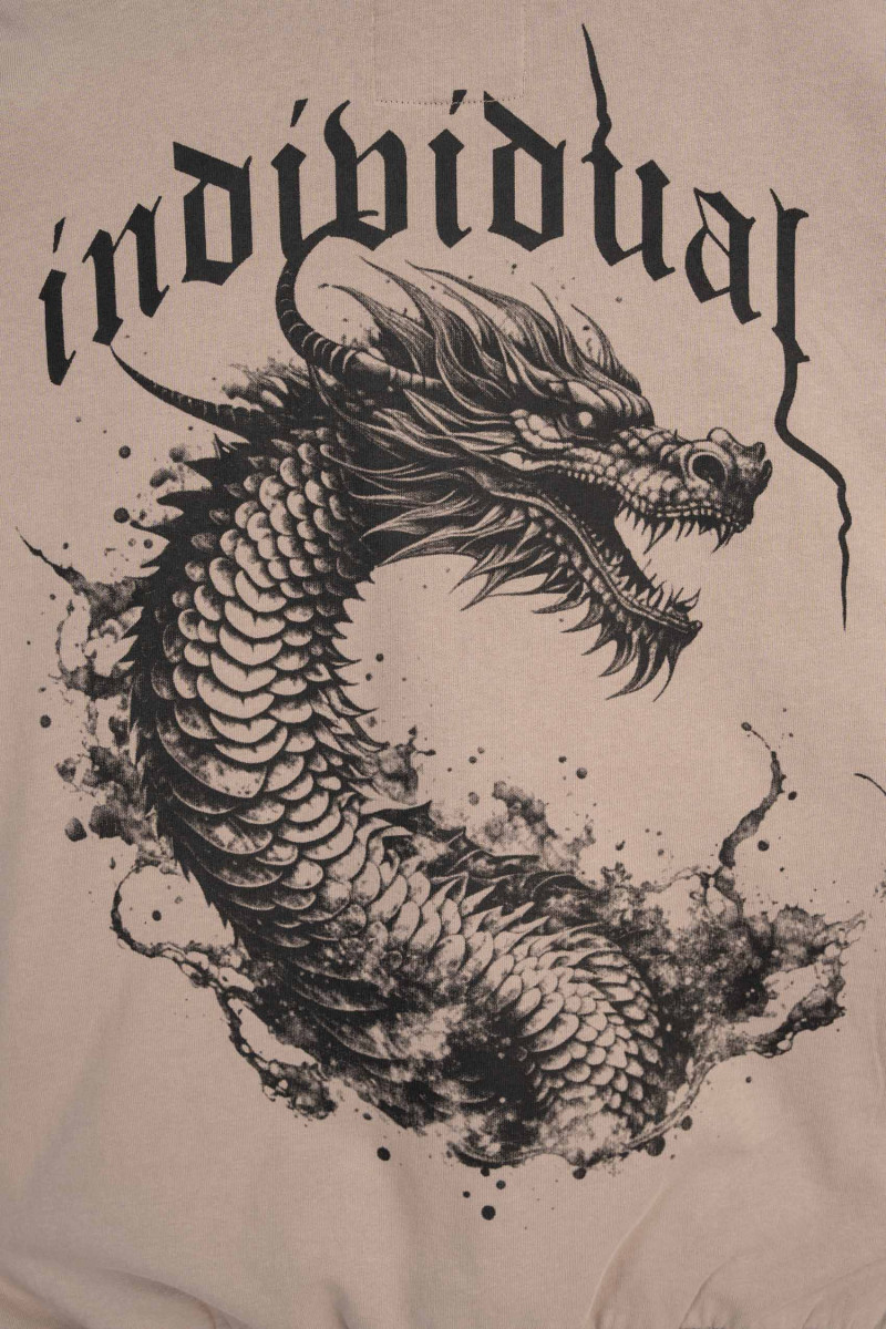 Beżowa bluza z kapturem z autorską grafiką z tyłu