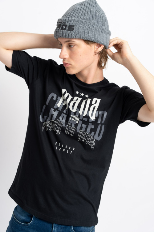 Czarny t-shirt z autorską grafika z przodu