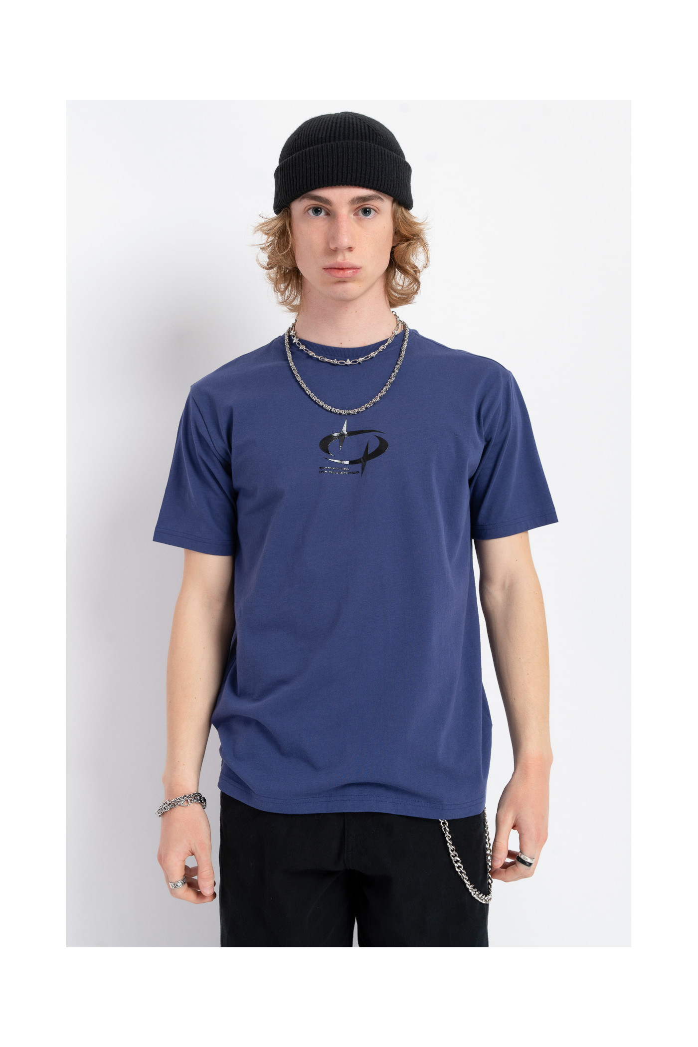 Granatowy t-shirt z minimalistyczną grafiką z przodu Granatowy t-shirt z minimalistyczną grafiką z przodu