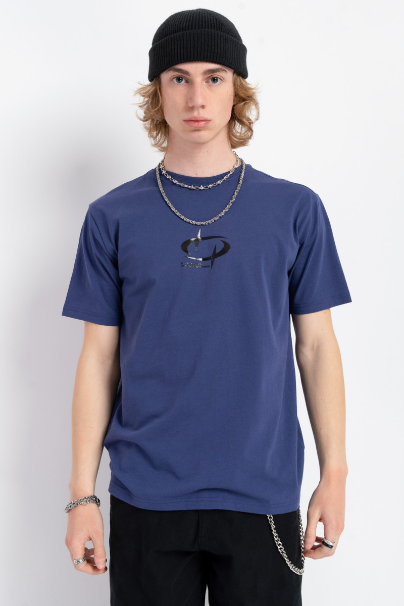 Granatowy t-shirt z minimalistyczną grafiką z przodu Granatowy t-shirt z minimalistyczną grafiką z przodu