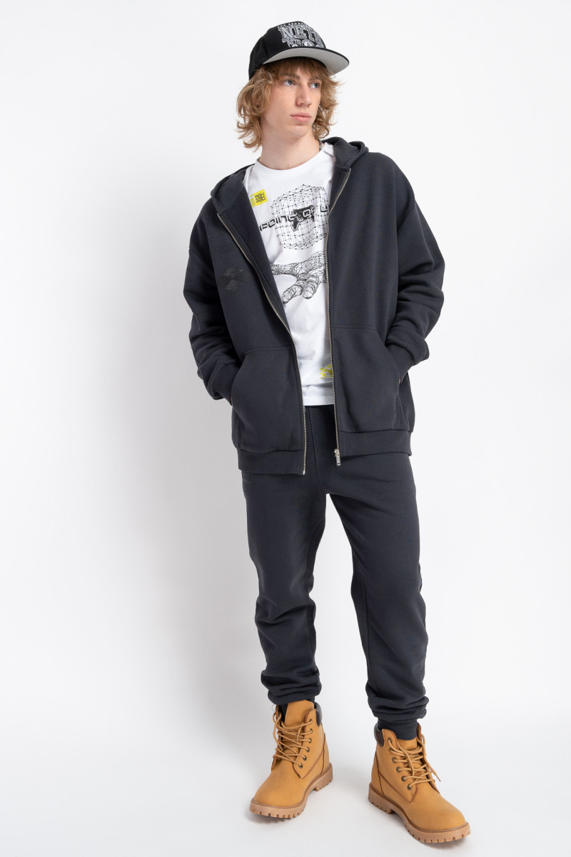 Ciemnoszara bluza REGULAR z kapturem z minimalistyczną grafiką z przodu