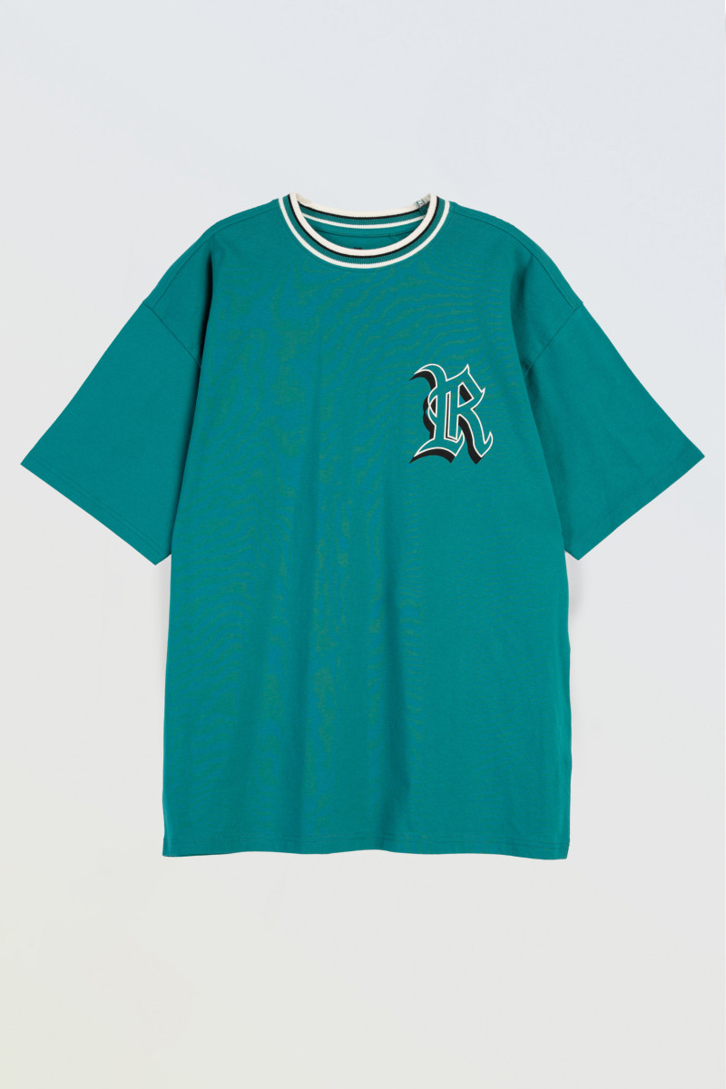 T-shirt w kolorze morskim z grafiką na piersi T-shirt w kolorze morskim z grafiką na piersi