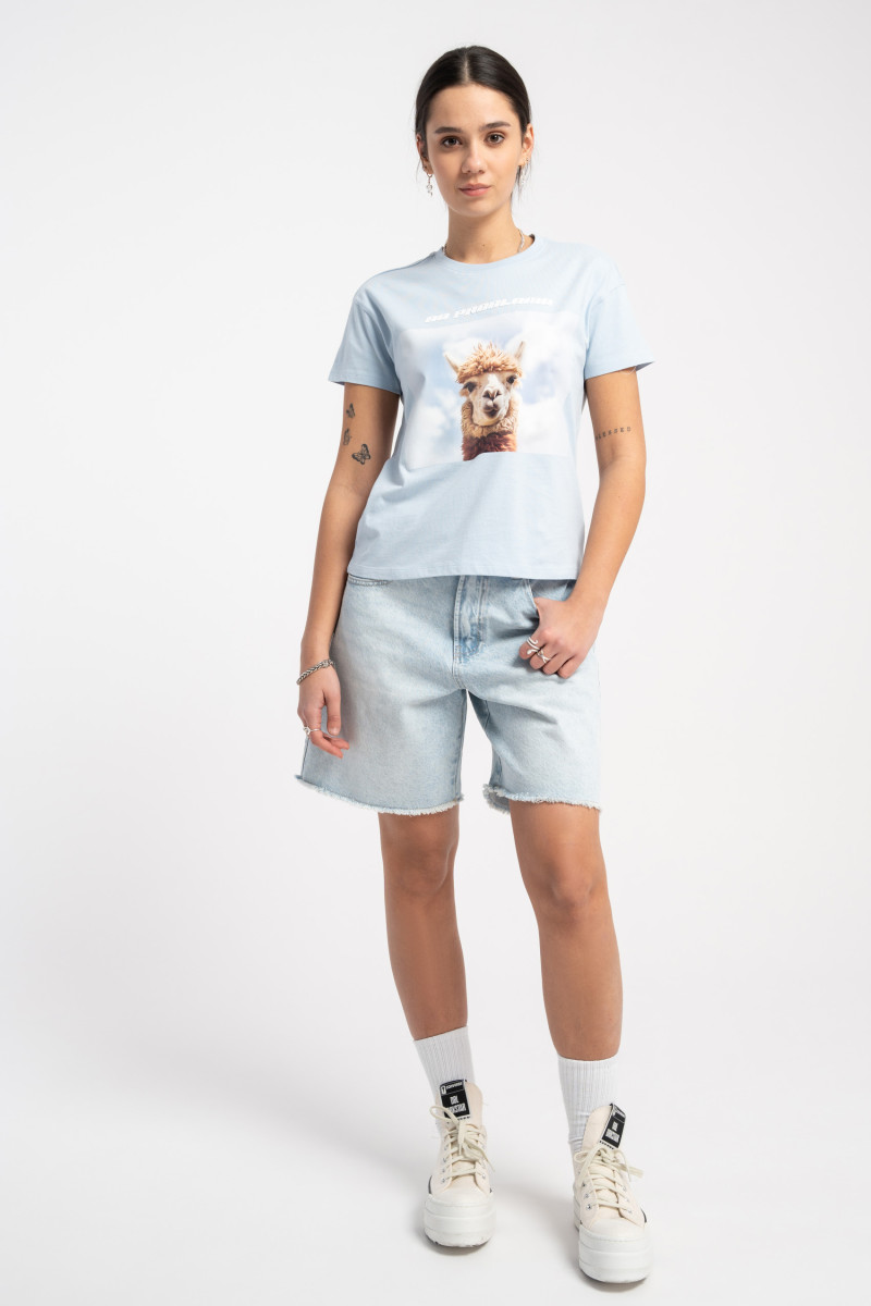Błękitny t-shirt z autorską grafiką z przodu