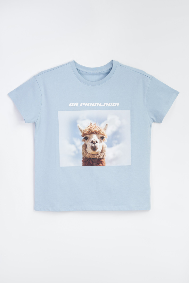 Błękitny t-shirt z autorską grafiką z przodu