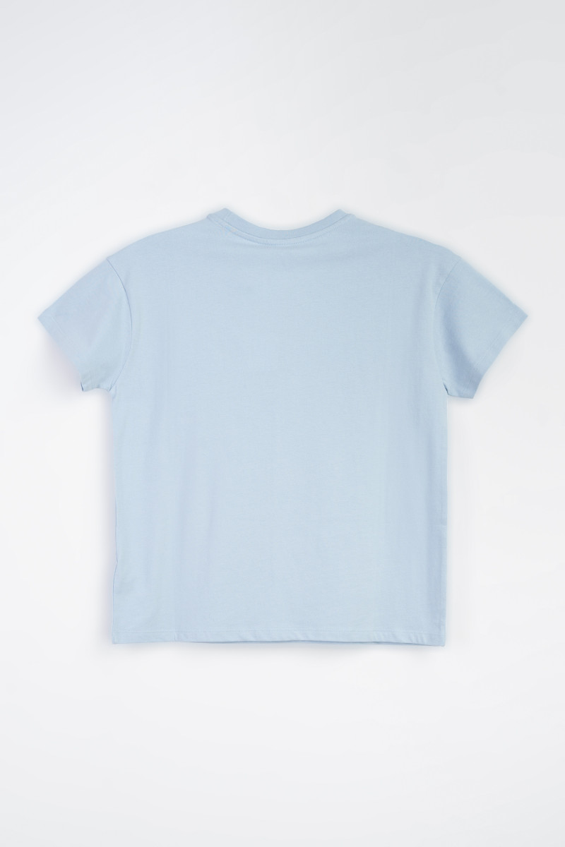 Błękitny t-shirt z autorską grafiką z przodu