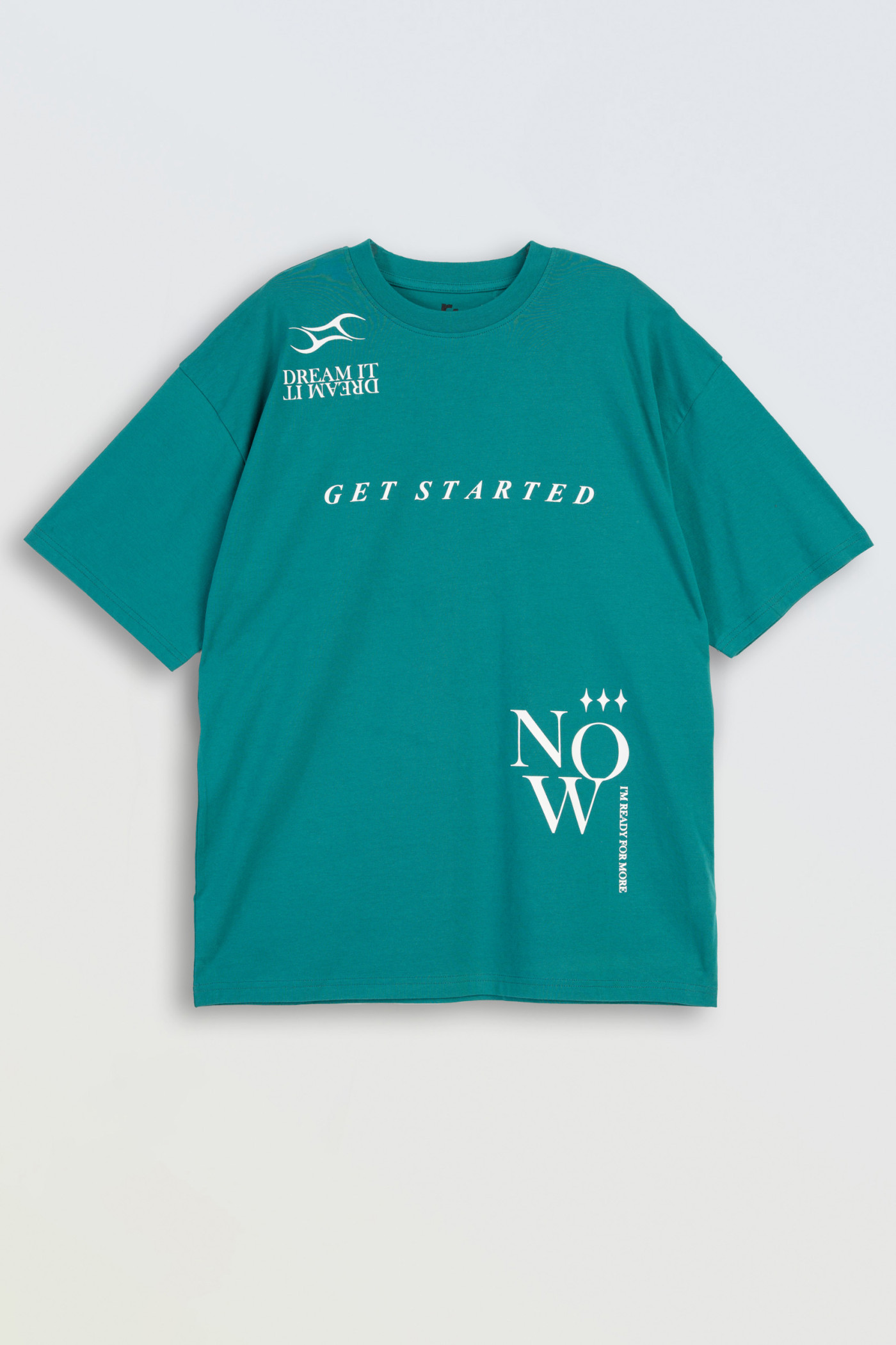 T-shirt w kolorze morskim z kontrastową grafiką z przodu