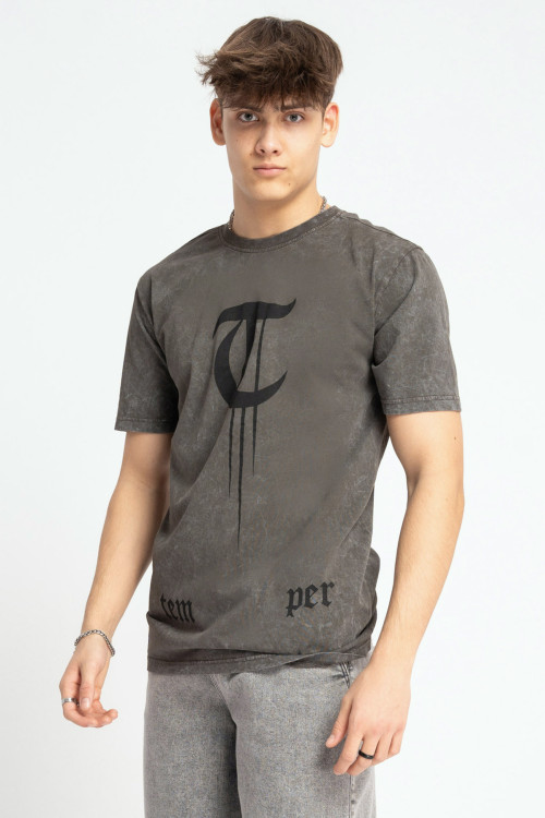 Brązowy t-shirt z efektem sprania z autorską grafiką z przodu