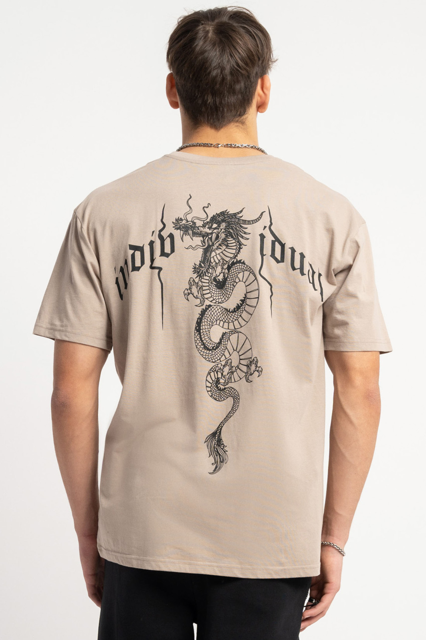 Beżowy t-shirt z autorską grafiką z tyłu Beżowy t-shirt z autorską grafiką z tyłu