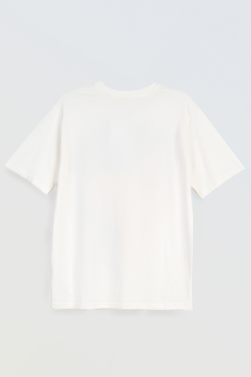 Kremowy t-shirt z autorską grafiką z przodu