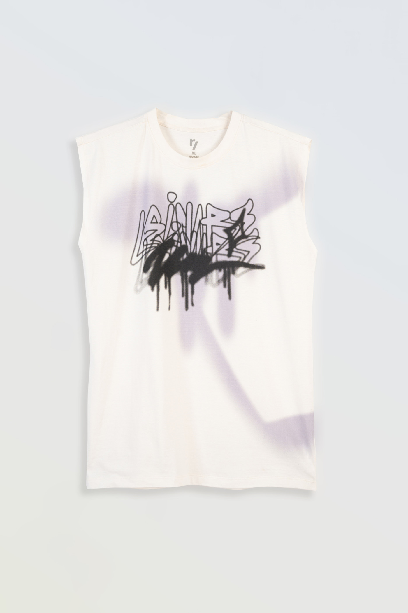 Kremowy t-shirt bez rękawów z autorską grafiką z przodu