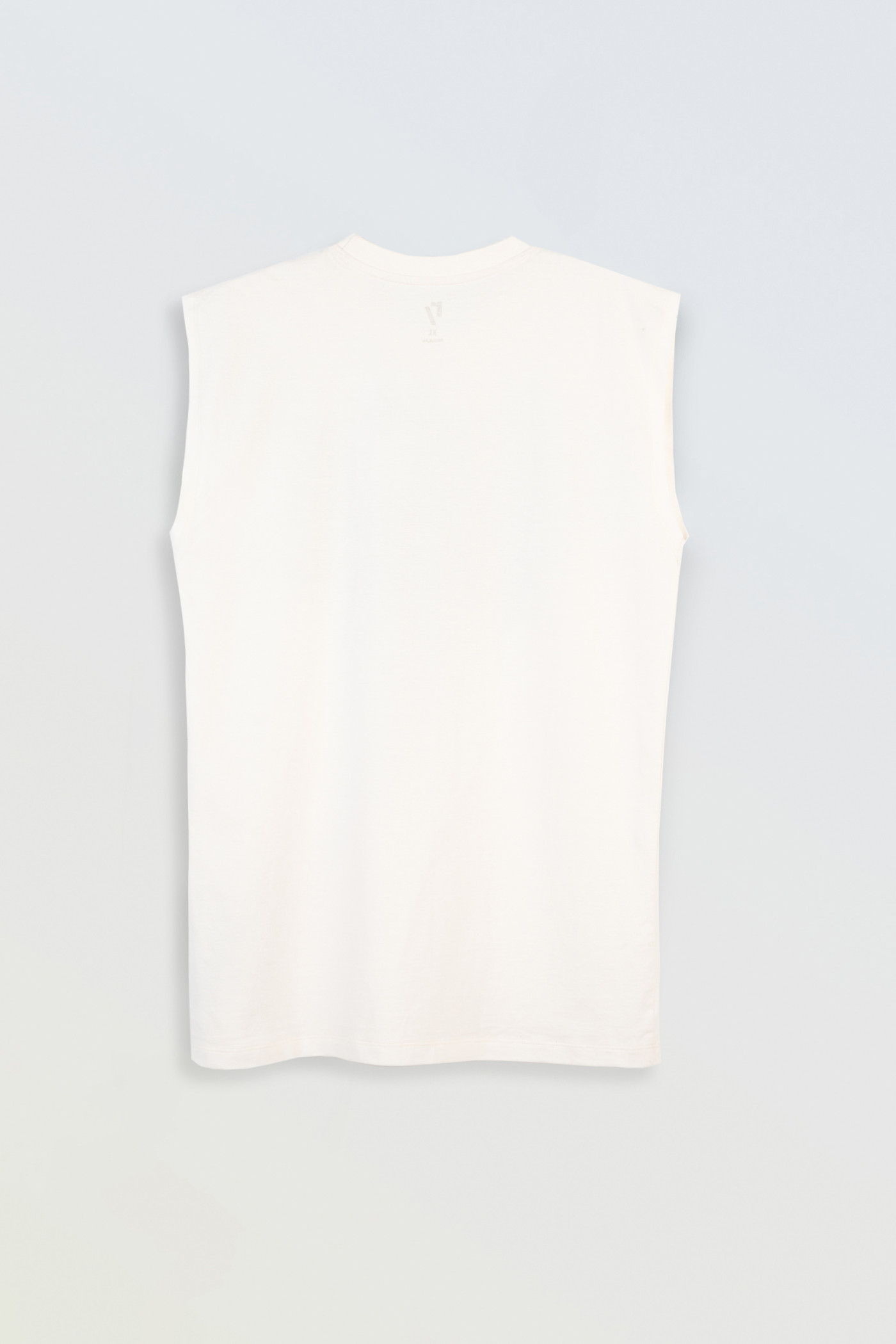 Kremowy t-shirt bez rękawów z autorską grafiką z przodu