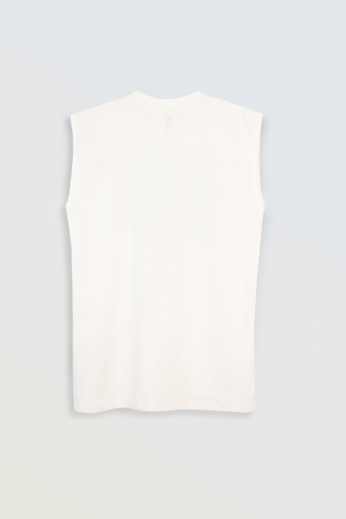 Kremowy t-shirt bez rękawów z autorską grafiką z przodu