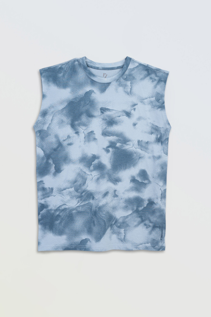 Niebieski t-shirt bez rękawów z nadrukiem na całości