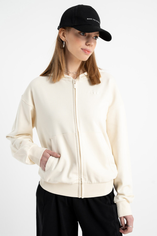 Kremowa bluza z kapturem z minimalistycznym nadrukiem