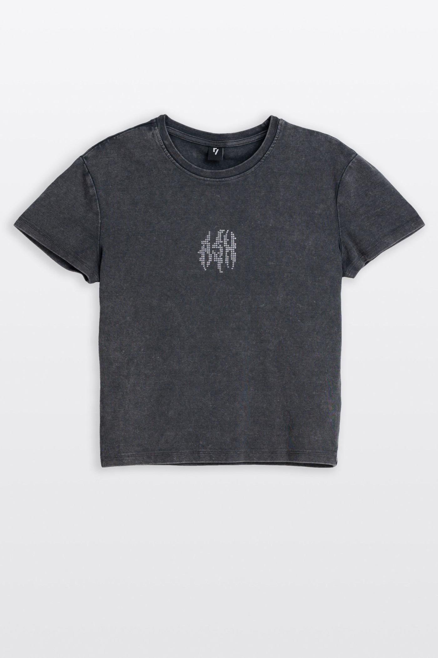 Szary CROP TOP z ozdobną aplikacją z kryształków