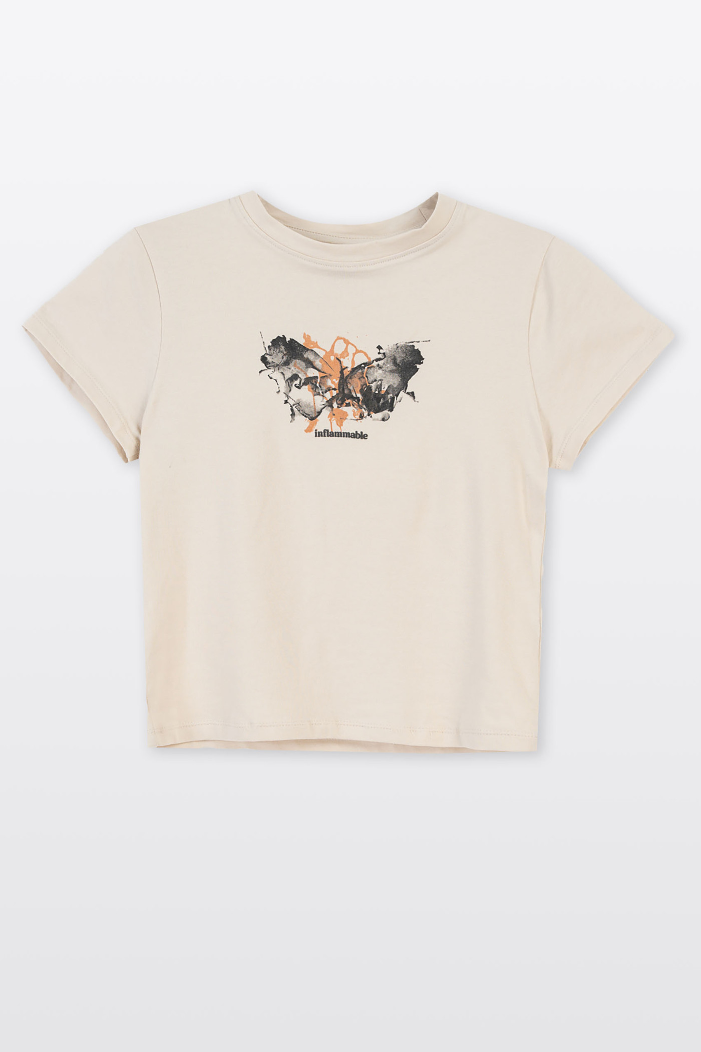 Beżowy CROP TOP z minimalistyczną grafiką z przodu