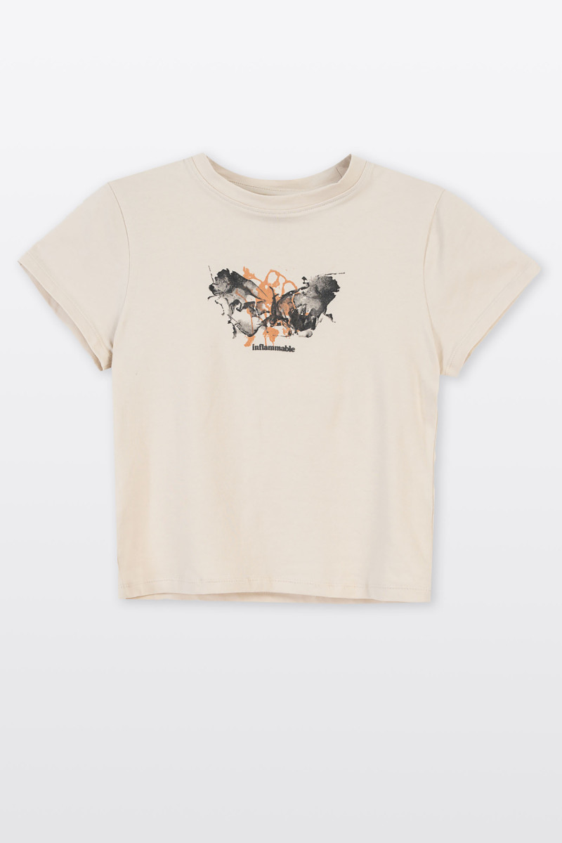 Beżowy CROP TOP z minimalistyczną grafiką z przodu
