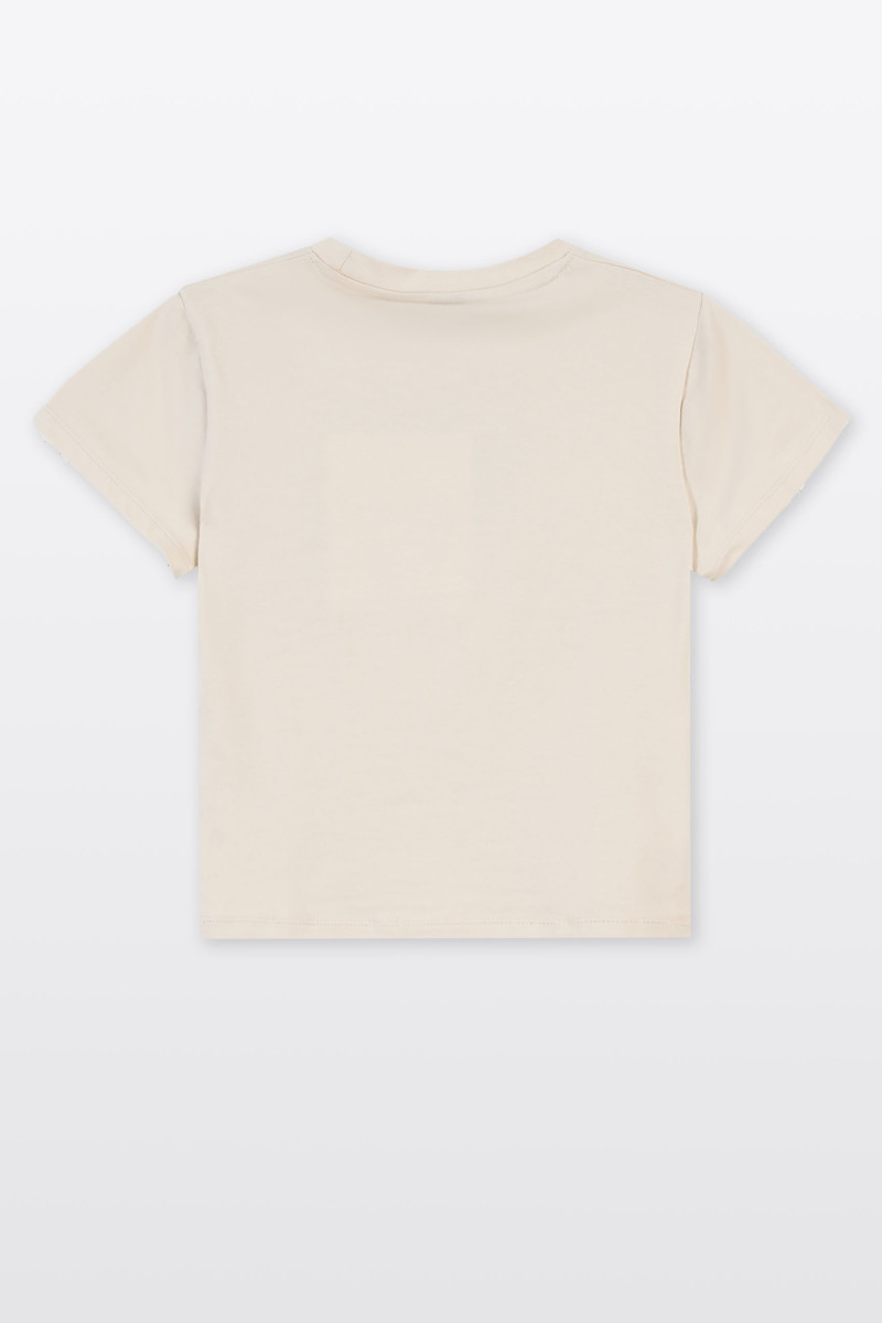 Beżowy CROP TOP z minimalistyczną grafiką z przodu