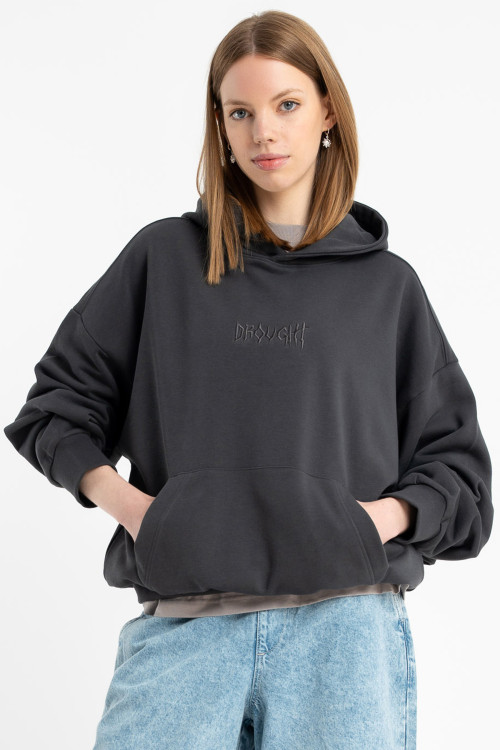 Szara bluza z kapturem z autorską grafiką z tyłu