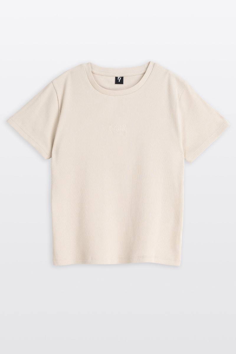 Kremowy CROP TOP z dzianiny prążkowanej