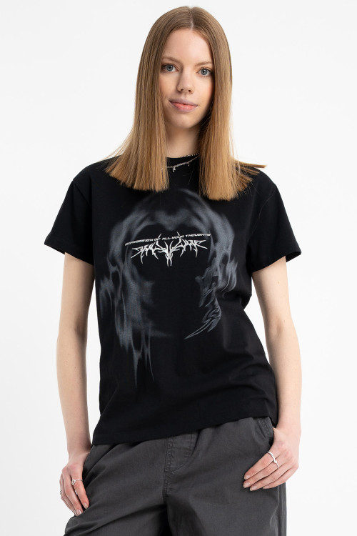 Czarny t-shirt z autorską grafiką z przodu