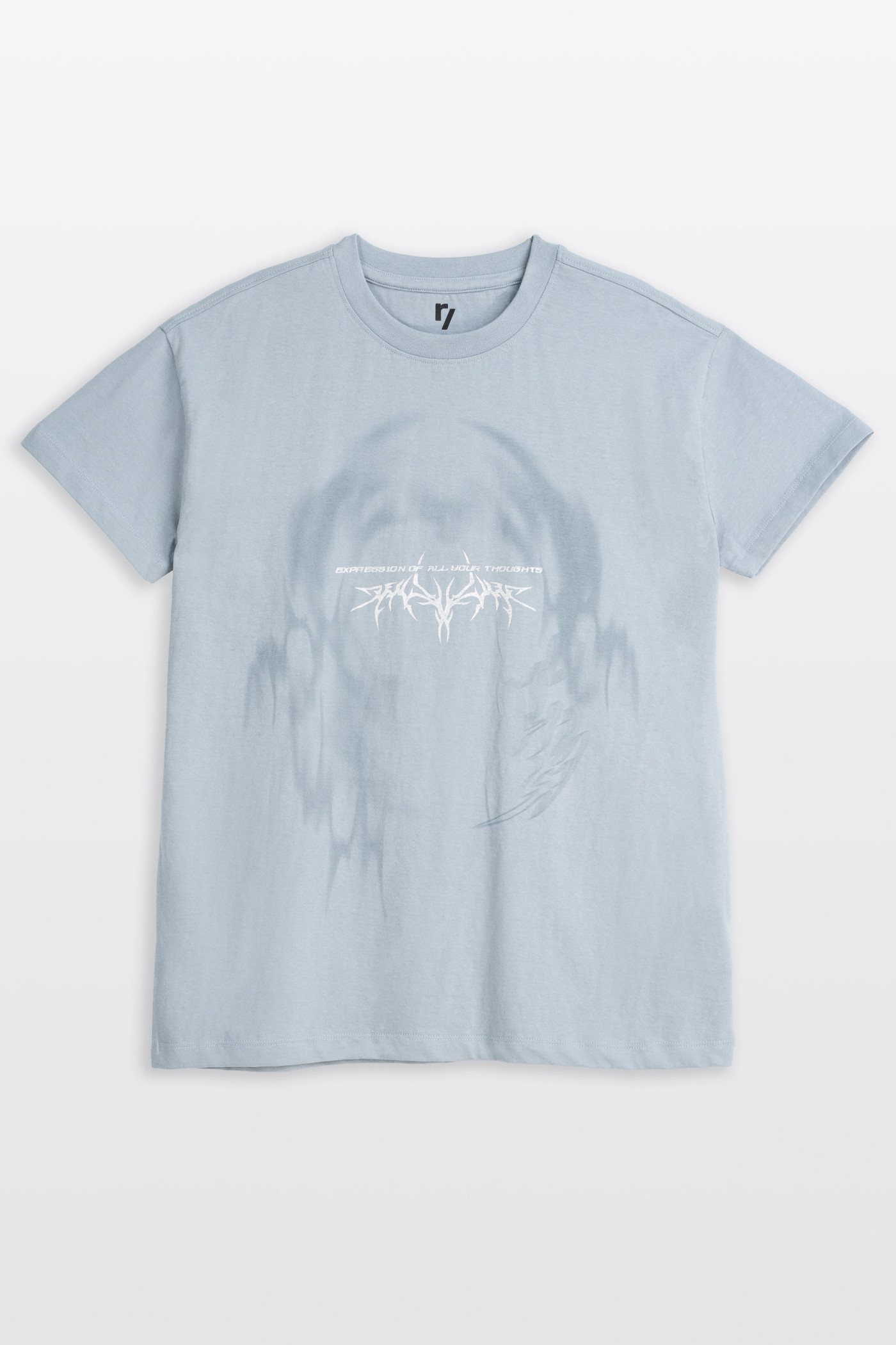 Niebieski t-shirt z autorską grafiką z przodu