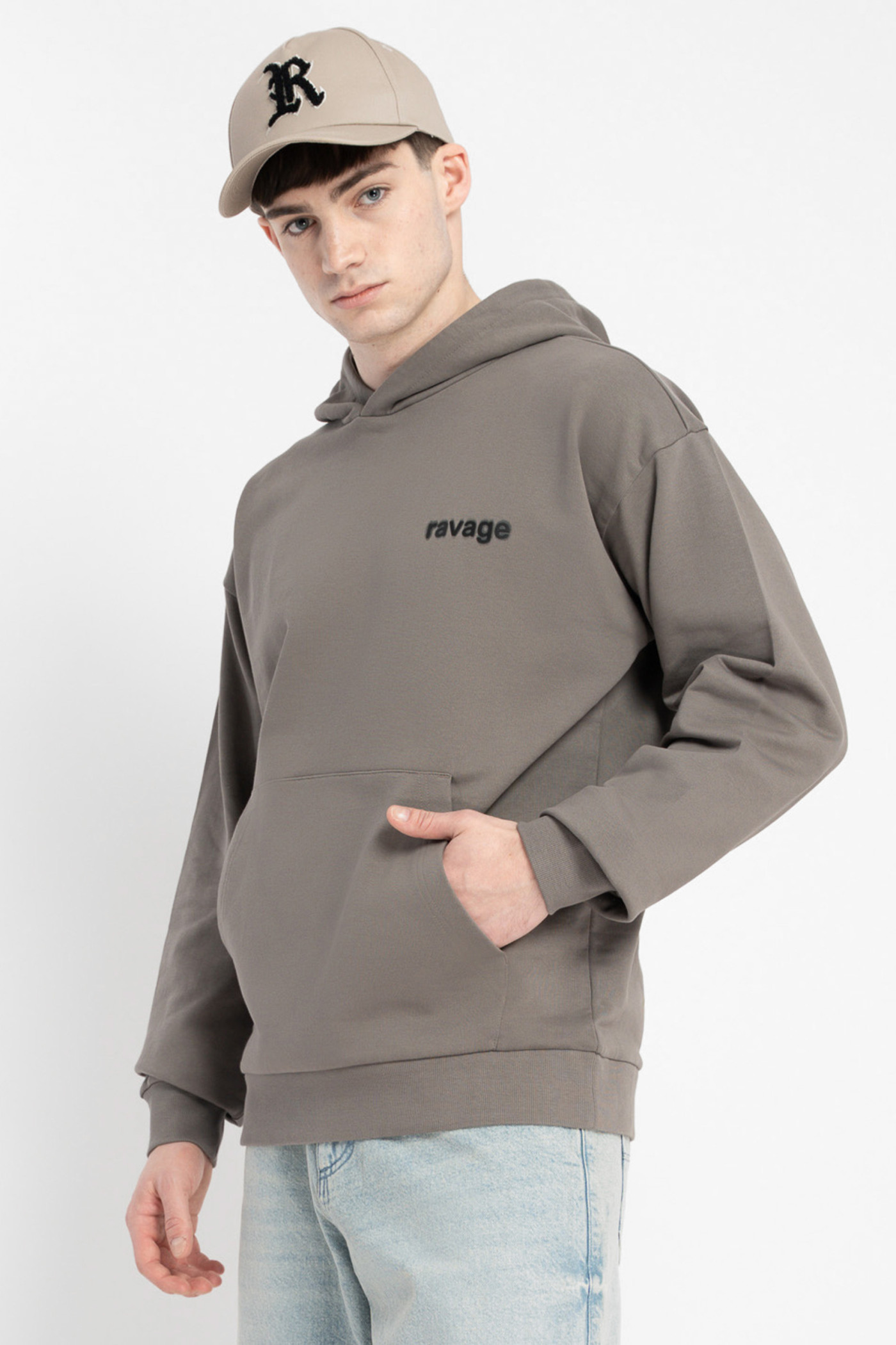 Szara bluza REGULAR z kapturem z minimalistycznym nadrukiem z przodu