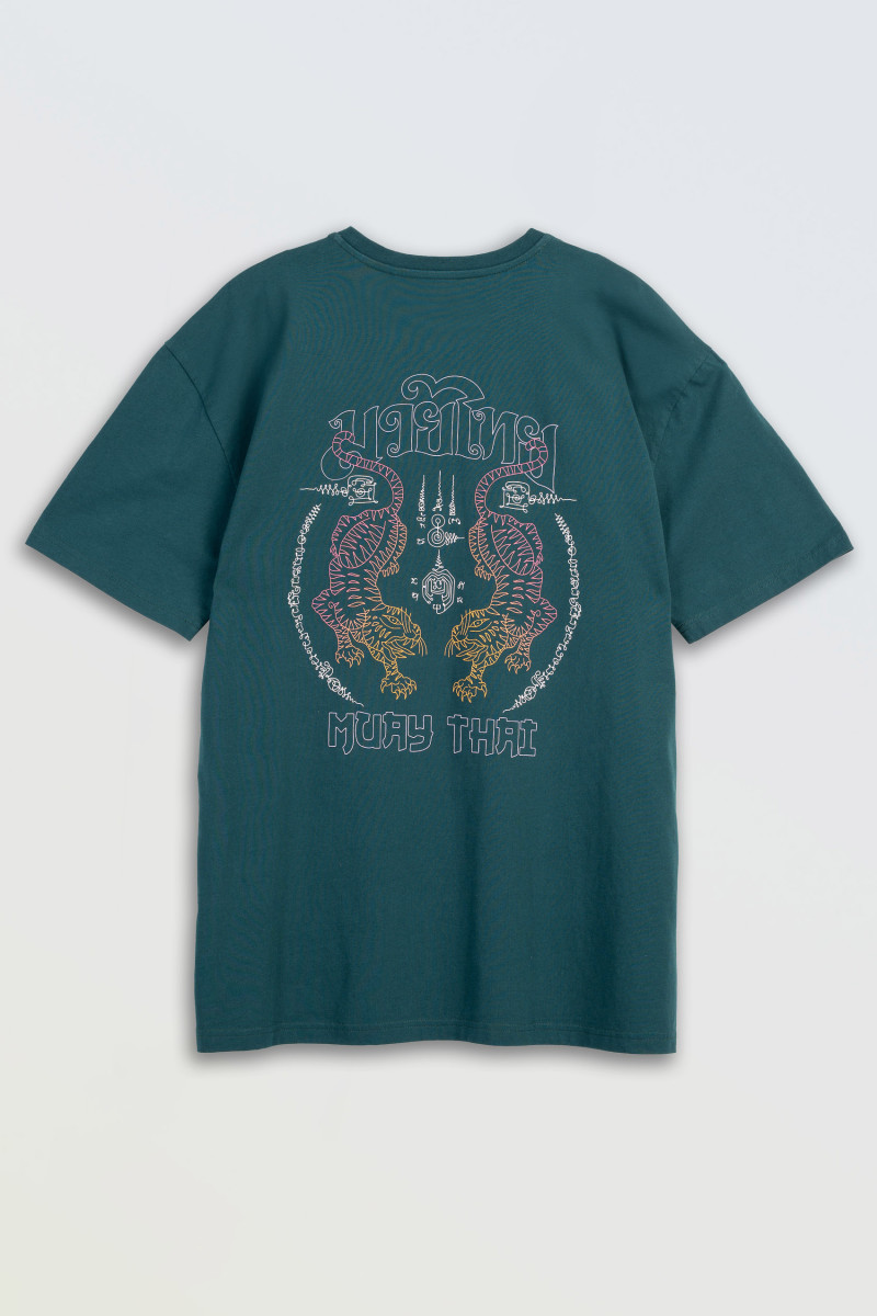 Ciemnozielony t-shirt z autorską grafiką z tyłu