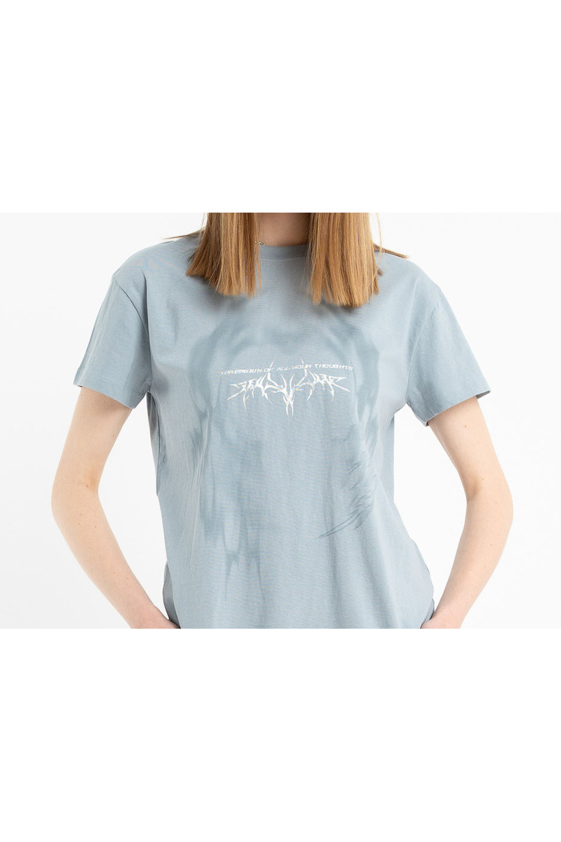 Niebieski t-shirt z autorską grafiką z przodu, niebieski