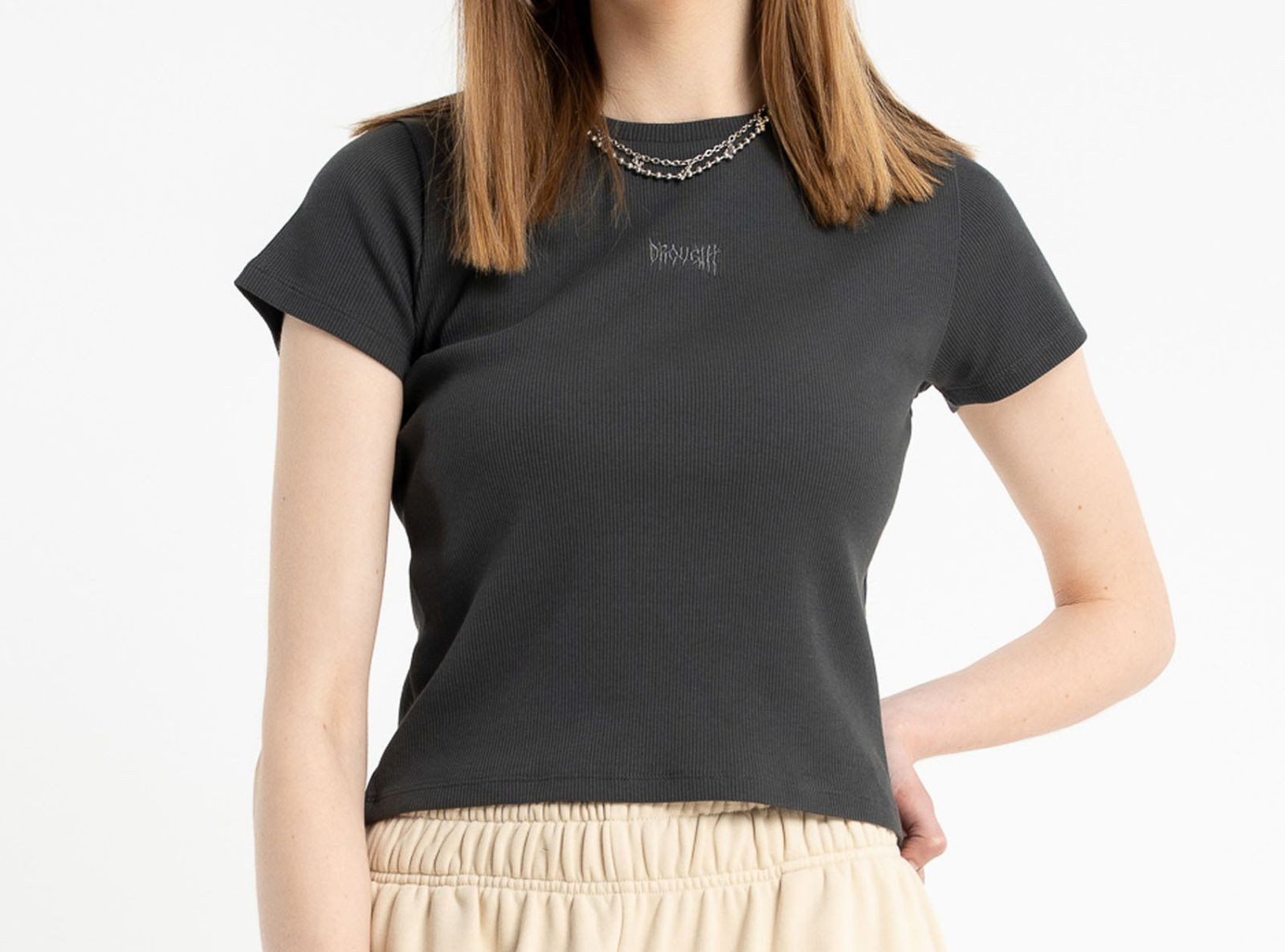 Szary CROP TOP z dzianiny prążkowanej