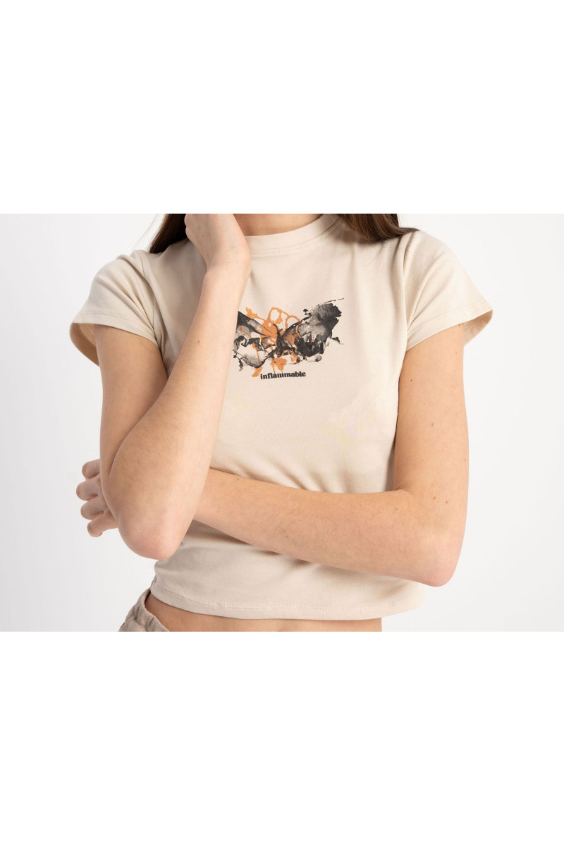 Beżowy CROP TOP z minimalistyczną grafiką z przodu, beżowy