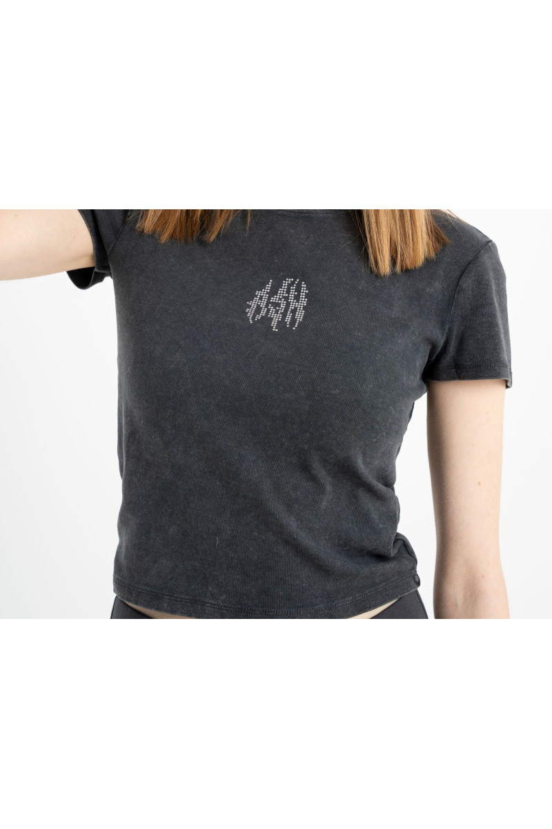 Szary CROP TOP z ozdobną aplikacją z kryształków, szary